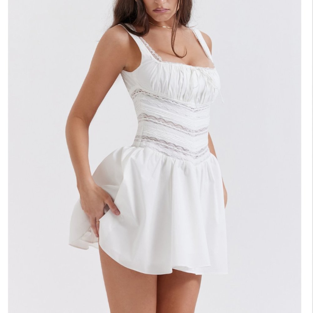Brand New Wrapped House of CB TIFFANI WHITE LACE TRIM MINI DRESS